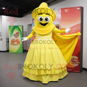 Lemon Yellow Fajitas mascot costume character dressed with a Ball Gown and Wallets