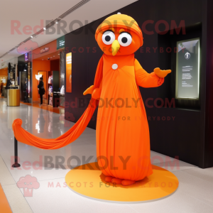 Orange Bracelet mascot costume character dressed with a Evening Gown and Messenger bags