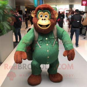 Forest Green Orangutan mascot costume character dressed with a Corduroy Pants and Backpacks