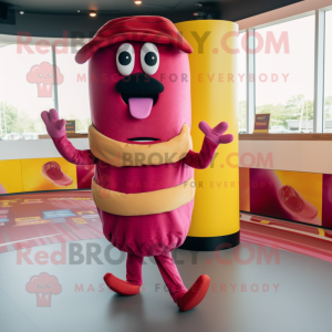 Magenta Hot Dog mascot costume character dressed with a Tank Top and Anklets