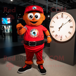 Red Pizza Slice mascot costume character dressed with a Cargo Shorts and Smartwatches