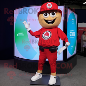 Red Pizza Slice mascot costume character dressed with a Cargo Shorts and Smartwatches