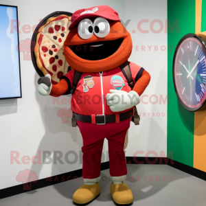 Red Pizza Slice mascot costume character dressed with a Cargo Shorts and Smartwatches