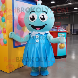 Cyan Gumball Machine mascot costume character dressed with a Maxi Dress and Suspenders