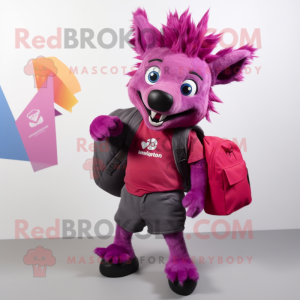 Magenta Hyena mascot costume character dressed with a Jeans and Backpacks