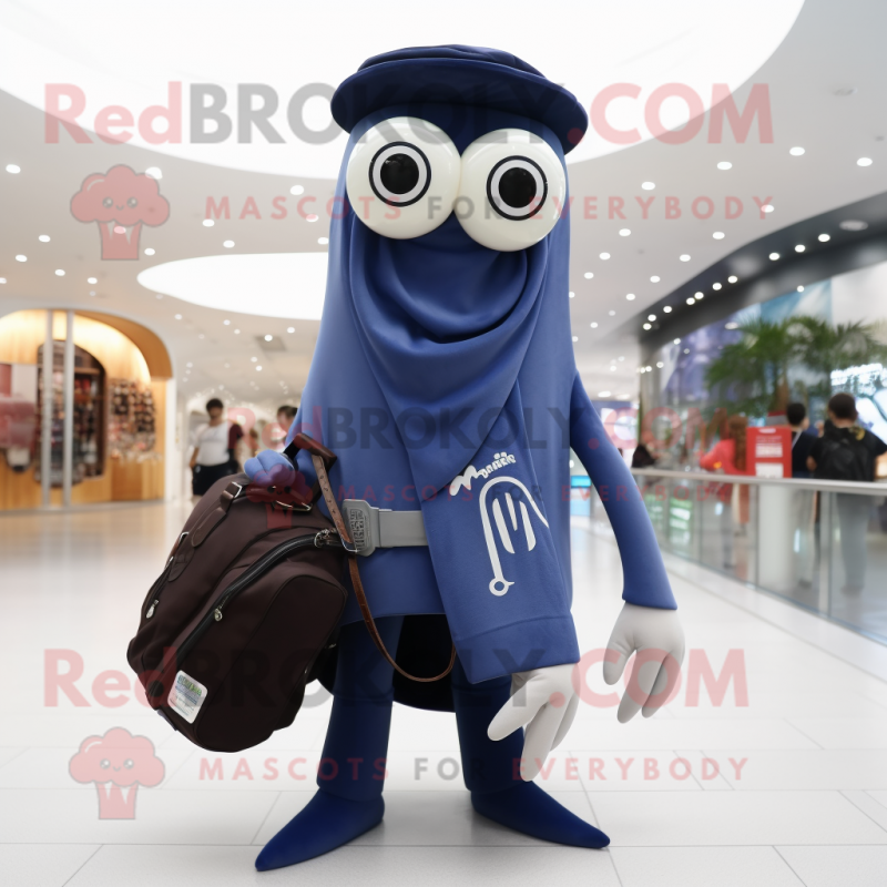 Navy Squid mascot costume character dressed with a Vest and Handbags