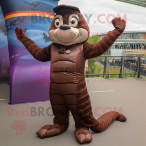 Brown Contortionist mascot costume character dressed with a Waistcoat and Foot pads