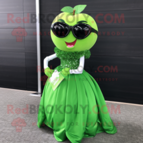 Forest Green Apple mascot costume character dressed with a Ball Gown and Sunglasses