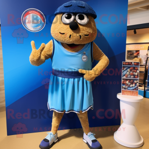 Blue Falafel mascot costume character dressed with a Board Shorts and Belts