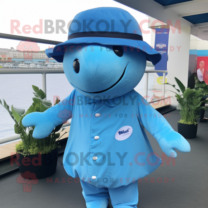 Sky Blue Humpback Whale mascot costume character dressed with a Playsuit and Berets