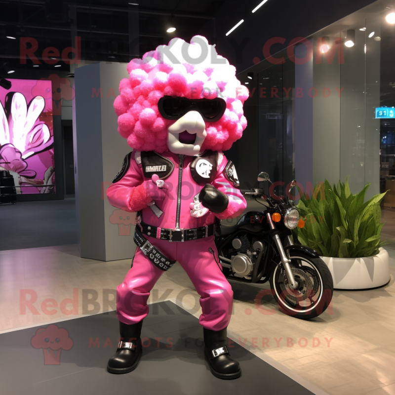 Pink Cauliflower mascot costume character dressed with a Biker Jacket and Coin purses