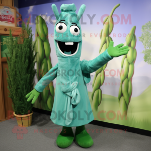 Teal Asparagus mascot costume character dressed with a Wrap Dress and Suspenders