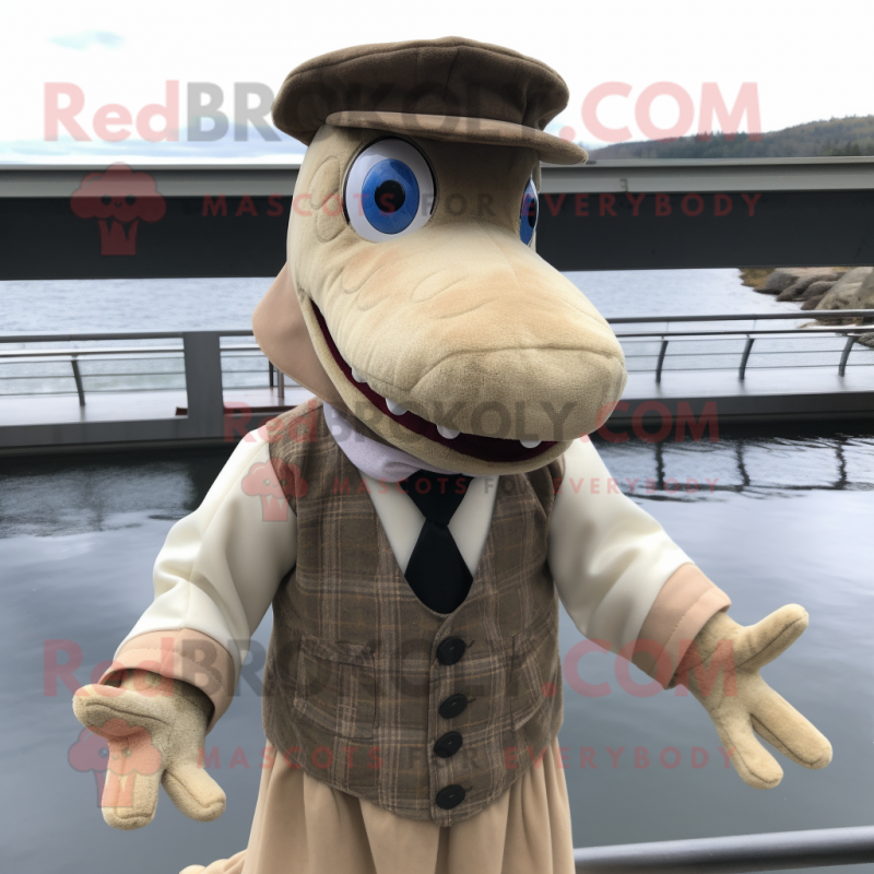 Beige Loch Ness Monster mascot costume character dressed with a ...