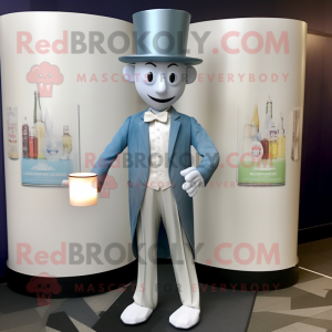 Silver Scented Candle mascot costume character dressed with a Dress Pants and Hats