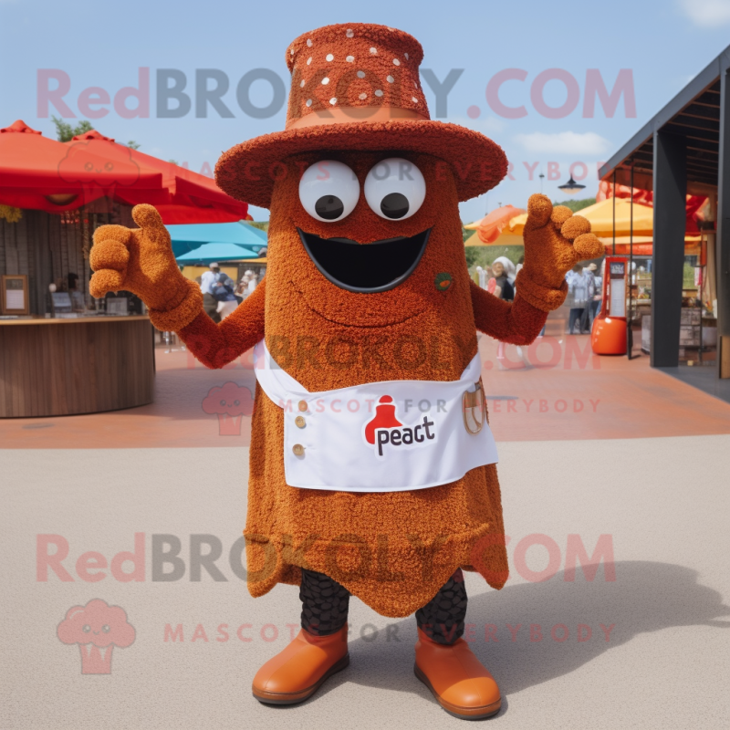 Rust Paella mascot costume character dressed with a Playsuit and Hat pins