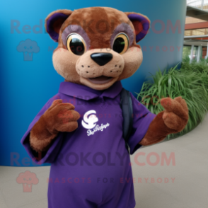 Purple Jaguarundi mascot costume character dressed with a Oxford Shirt and Mittens