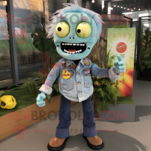 Peach Zombie mascot costume character dressed with a Chambray Shirt and Keychains