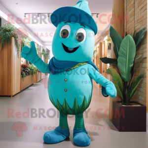 Teal Beanstalk mascot costume character dressed with a T-Shirt and Caps