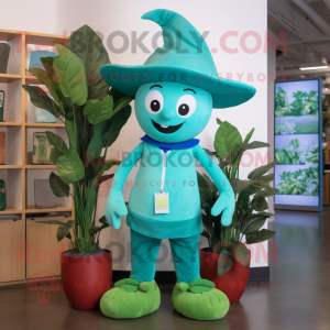 Teal Beanstalk mascot costume character dressed with a T-Shirt and Caps