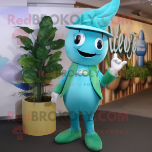 Teal Beanstalk mascot costume character dressed with a T-Shirt and Caps