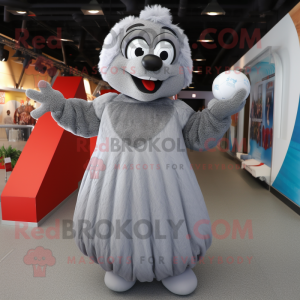 Silver Meatballs mascot costume character dressed with a Maxi Dress and Mittens