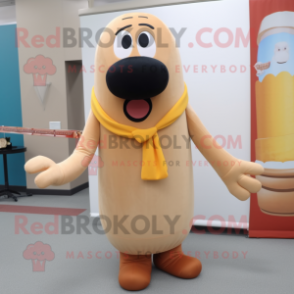 Cream Hot Dogs mascot costume character dressed with a Jumpsuit and Scarf clips