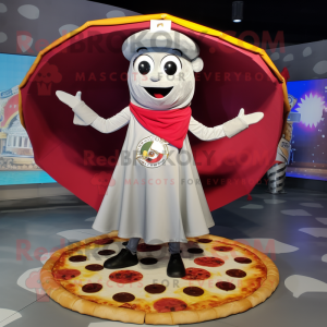 Silver Pizza Slice mascot costume character dressed with a Circle Skirt and Scarves