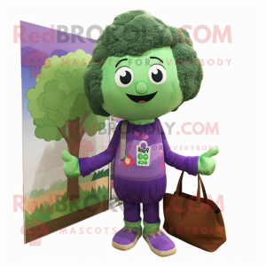 Lavender Broccoli mascot costume character dressed with a Cardigan and Tote bags