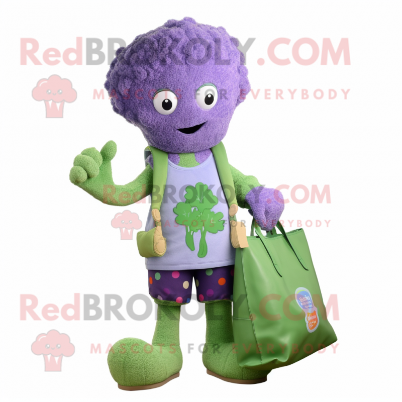 Lavender Broccoli mascot costume character dressed with a Cardigan and Tote bags