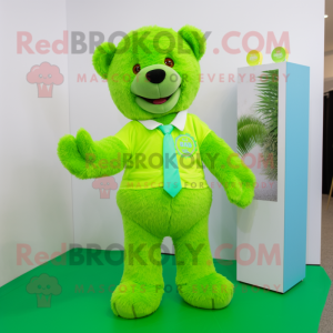 Lime Green Teddy Bear mascot costume character dressed with a Culottes and Lapel pins