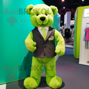 Lime Green Teddy Bear mascot costume character dressed with a Culottes and Lapel pins