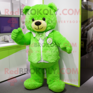 Lime Green Teddy Bear mascot costume character dressed with a Culottes and Lapel pins