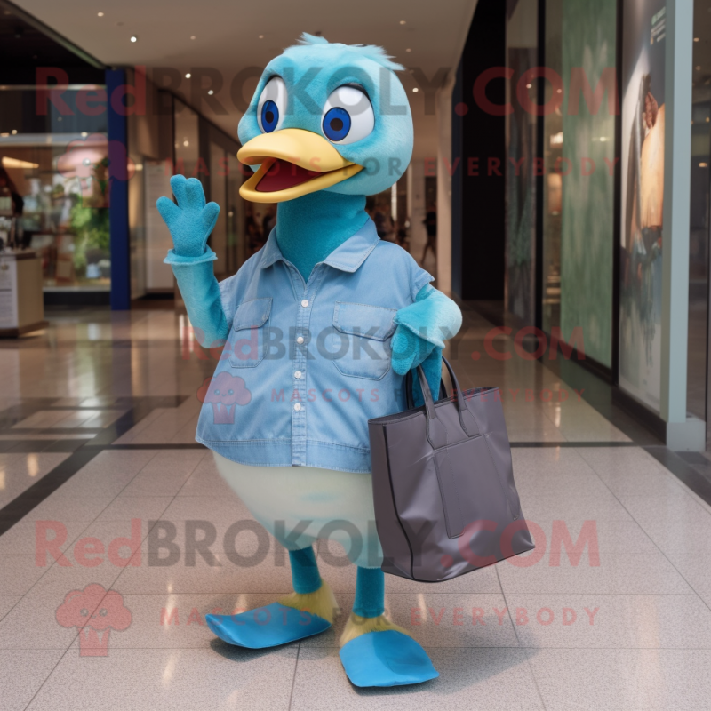 Cyan Gosling mascot costume character dressed with a Mom Jeans and Tote bags