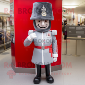 Gray British Royal Guard mascot costume character dressed with a Shorts and Hats