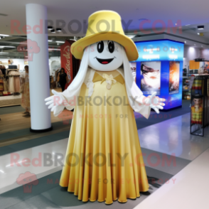 Gold Ghost mascot costume character dressed with a Maxi Skirt and Hats