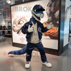 Navy Velociraptor mascot costume character dressed with a Bomber Jacket and Shoe laces