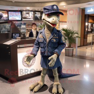 Navy Velociraptor mascot costume character dressed with a Bomber Jacket and Shoe laces