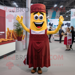 Maroon French Fries mascot costume character dressed with a Wrap Dress and Suspenders