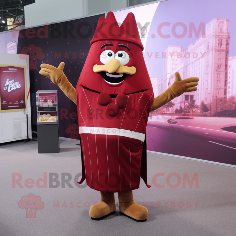 Maroon French Fries mascot costume character dressed with a Wrap Dress and Suspenders