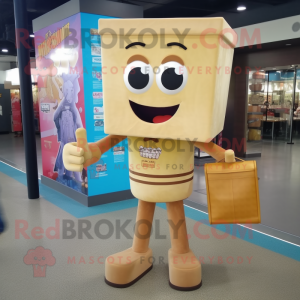 Tan Candy Box mascot costume character dressed with a Skinny Jeans and Tote bags
