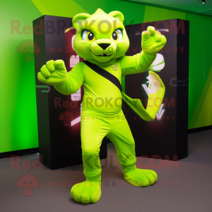 Lime Green Puma mascot costume character dressed with a Leggings and Scarves