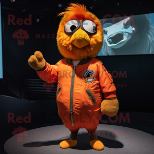 Orange Canary mascot costume character dressed with a Bomber Jacket and Hairpins