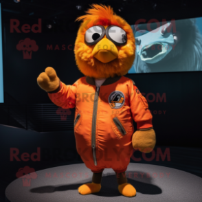 Orange Canary mascot costume character dressed with a Bomber Jacket and Hairpins