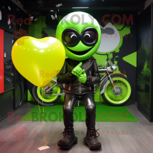 Lime Green Heart Shaped Balloons mascot costume character dressed with a Biker Jacket and Beanies