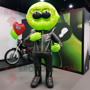 Lime Green Heart Shaped Balloons mascot costume character dressed with a Biker Jacket and Beanies