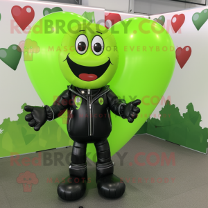 Lime Green Heart Shaped Balloons mascot costume character dressed with a Biker Jacket and Beanies