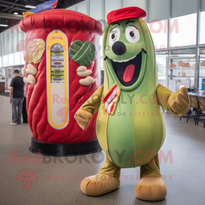 Olive Hot Dog mascot costume character dressed with a Button-Up Shirt and Coin purses