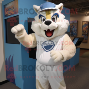 Cream Lynx mascot costume character dressed with a Tank Top and Caps