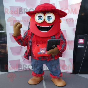 Red Gyro mascot costume character dressed with a Flannel Shirt and Wallets