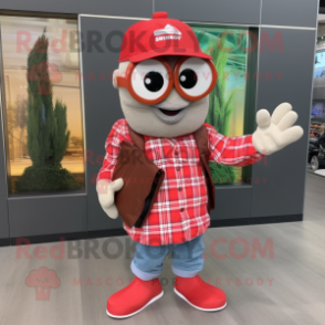 Red Gyro mascot costume character dressed with a Flannel Shirt and Wallets